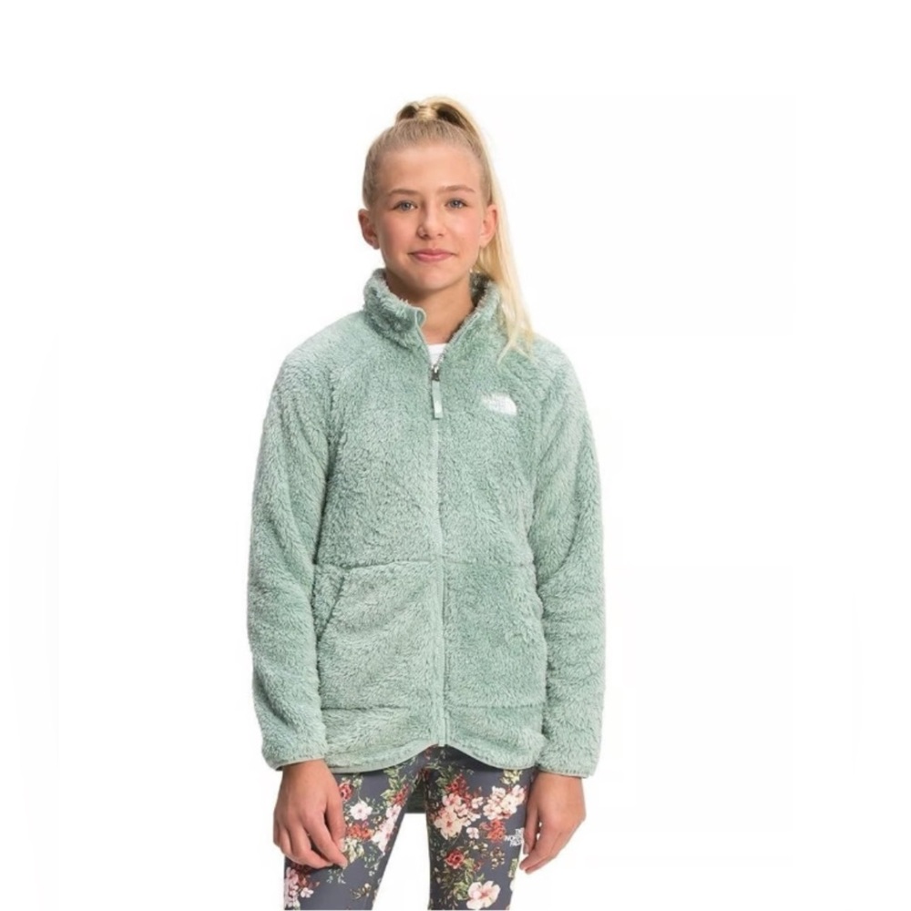New North Face oso suave zip jacket jadeite green fuzzy girls size large 14/16